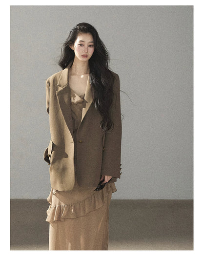 AOMALM - Cinnamon Gray-Brown Ruffle Chiffon Maxi Dress