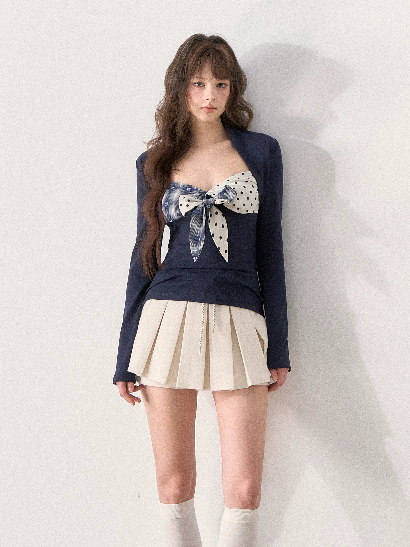 [TMMG] French Retro Polka Dot Plaid Bow Fitted T-Shirt (Deep Navy)