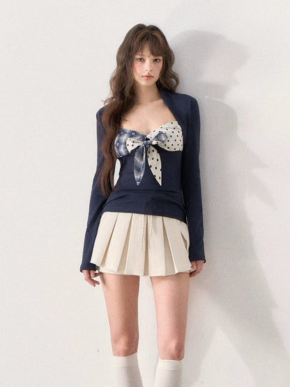 [TMMG] French Retro Polka Dot Plaid Bow Fitted T-Shirt (Deep Navy)