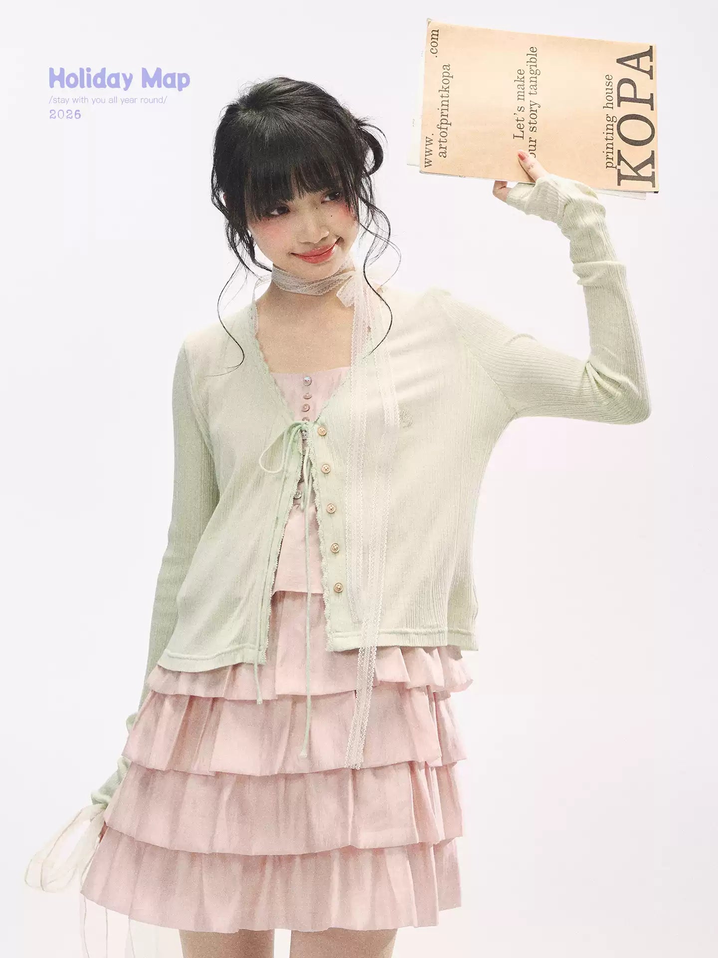 "Comfort Corner" Tie-Front Knit Cardigan (Melon Green/ Peacock Blue)