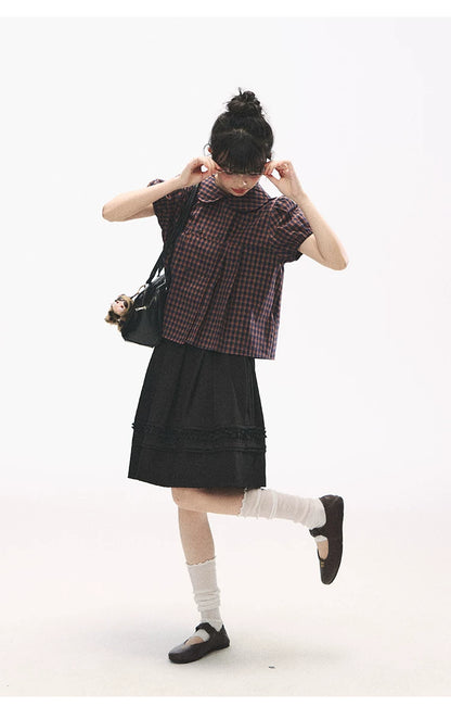 "Retro Plaid Sweetheart" Navy Orange Check Cotton Peter Pan Collar Blouse