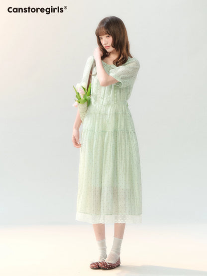 "Hyacinth Ballad" Sage Green Polka Dot Tiered Dress LL2026210