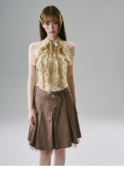 LOST FOREST - Warm Gold Acetate Lace Ruffle Halter Top
