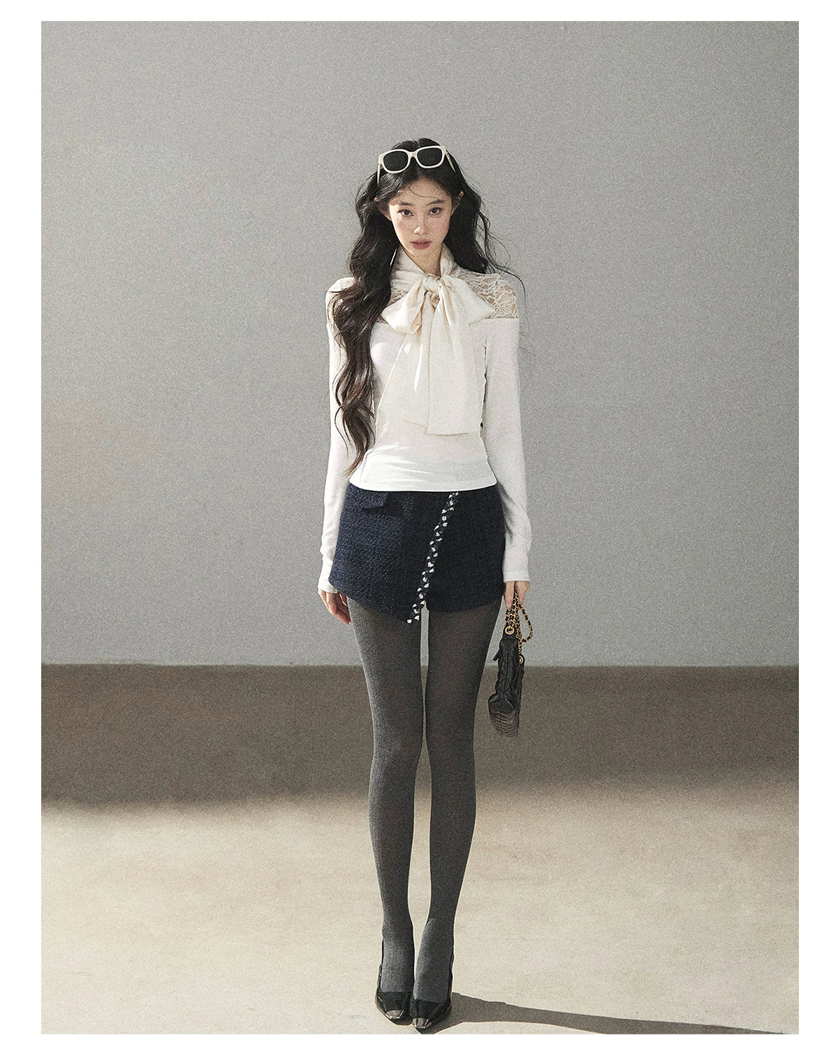 AOMALM - Navy Tweed Jacket & Skort Set with Dutch Cheese Top