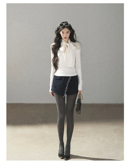 AOMALM - Navy Tweed Jacket & Skort Set with Dutch Cheese Top