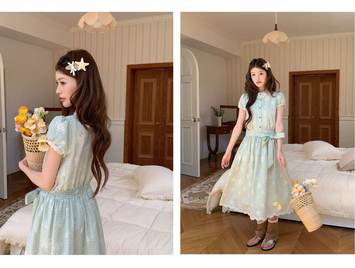 “Sage Meadow Reverie” Sage Green Embroidered Shirt Dress