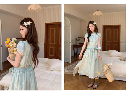 “Sage Meadow Reverie” Sage Green Embroidered Shirt Dress