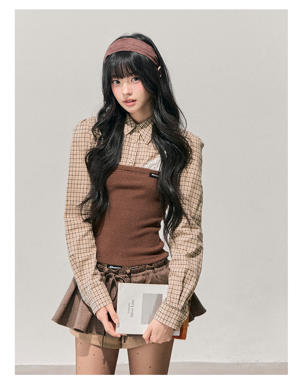 少也眼 "Falling Leaves Trace" Faux Layered Lace Plaid Knit Top