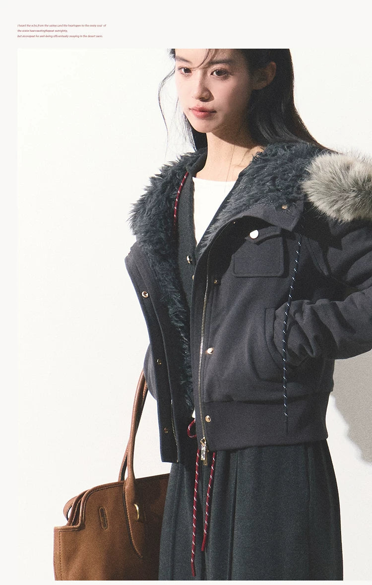OAKMOO/ "Energy & Freedom" Mocha Gray Fur-Collar Cropped Hoodie Jacket