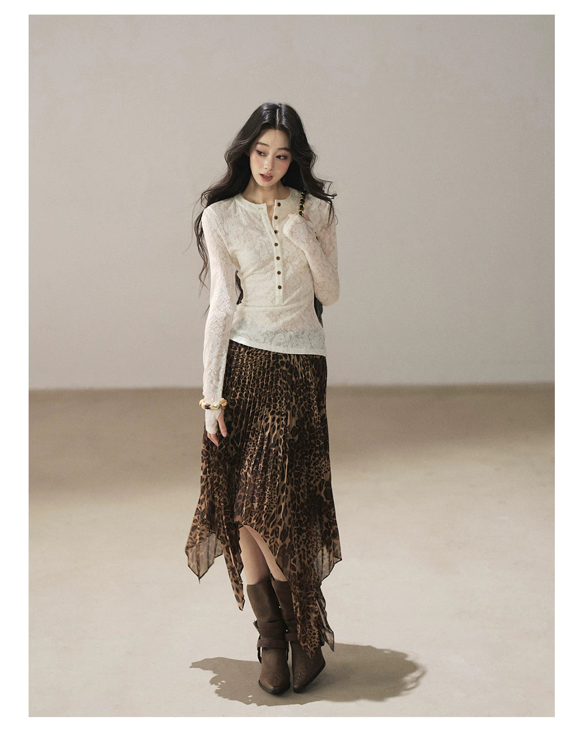 AOMALM - “Cocoa Leopard” Pleated Asymmetric Midi Skirt