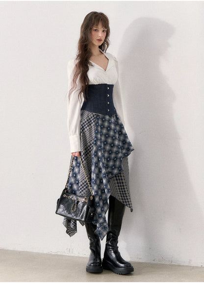 [TMMG] Retro Sweetheart Collar Shirt & Denim Corset Waist Belt Asymmetric Plaid Skirt Set