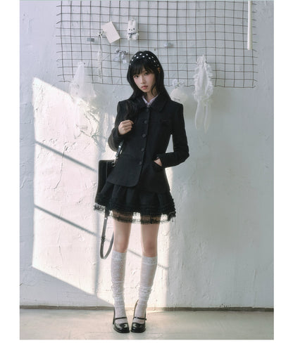 "Showa Girl" Tailored Layered Collection (Blazer / High-Waist Skirt / Victorian Shirt / Mesh Overlay Skirt)