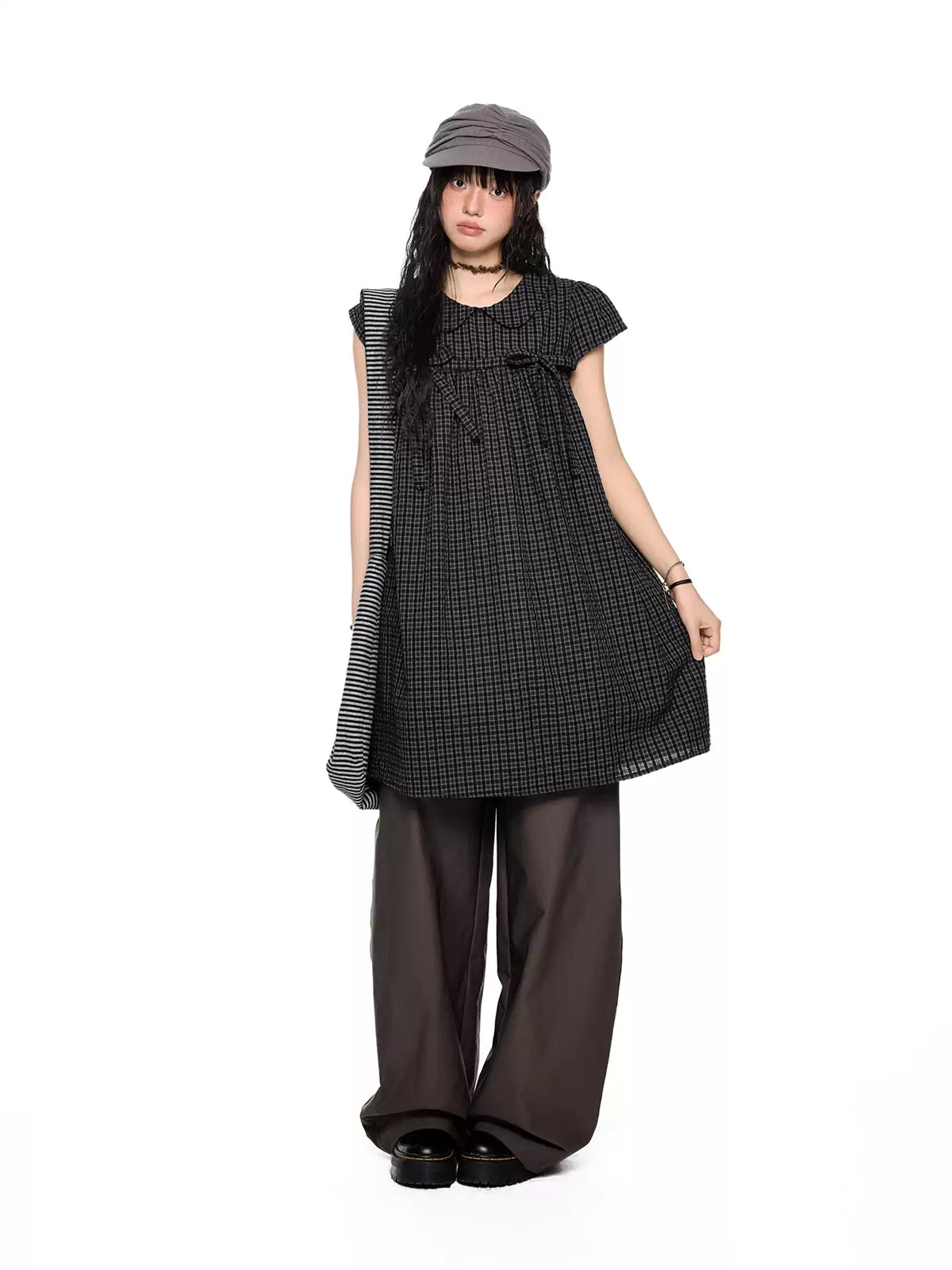 EZEK | Peter Pan Collar Gingham Shirt with Bubble Sleeves