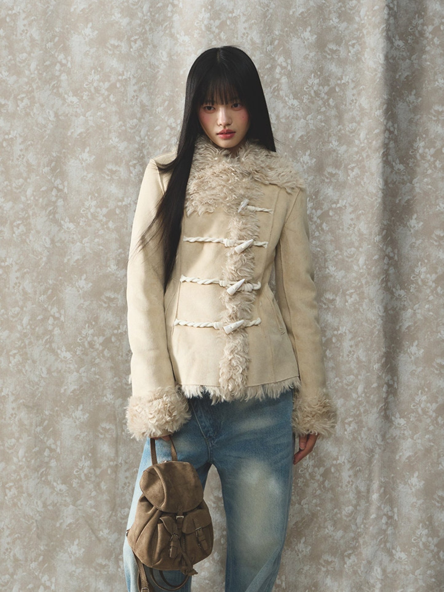 Soote Season - Cream Latte Faux Suede Toggle Belted Shearling Jacket