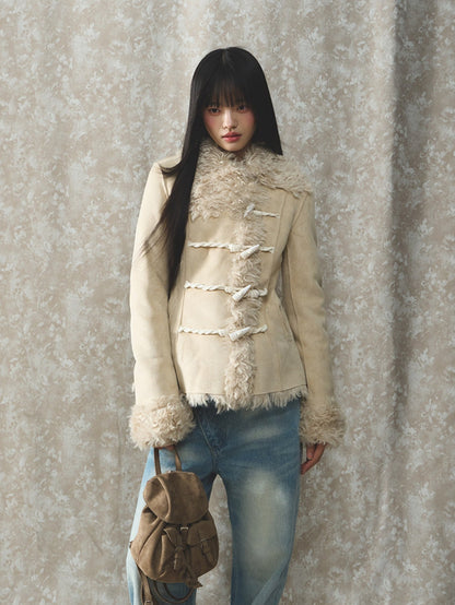 Soote Season - Cream Latte Faux Suede Toggle Belted Shearling Jacket