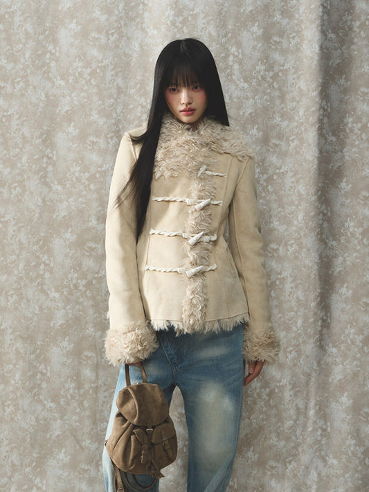 Soote Season - Cream Latte Faux Suede Toggle Belted Shearling Jacket