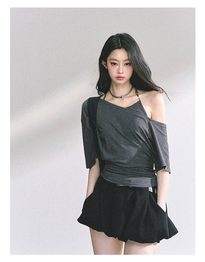 少也眼 “Smart Relax” Asymmetric Halter Short Tee - Gray
