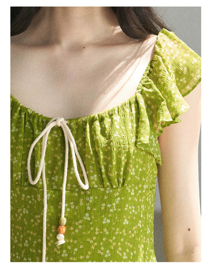 "Emerald Breeze" Primrose Green Floral Chiffon Mini Dress