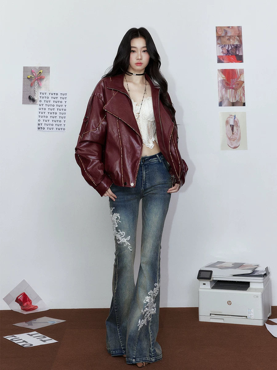 Angola Red Oversized Leather-Style Moto Jacket