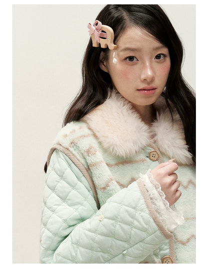 RF - Mint Green and Light Brown Fair Isle Quilted Faux Fur Vest Jacket