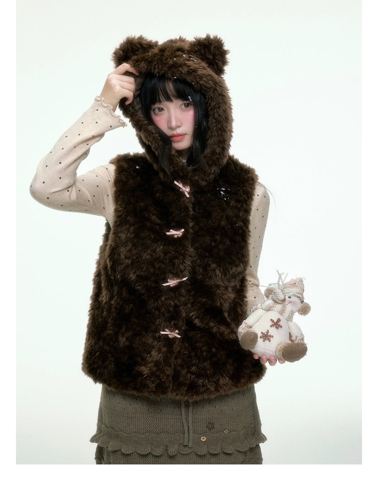 BIBIBENCY - Brown Faux Fur Hooded Vest with Toggle Closures