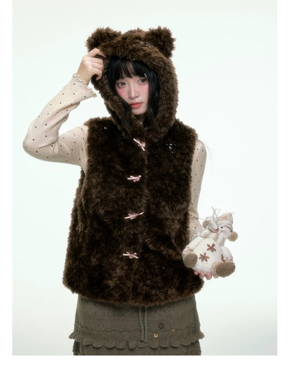 BIBIBENCY - Brown Faux Fur Hooded Vest with Toggle Closures