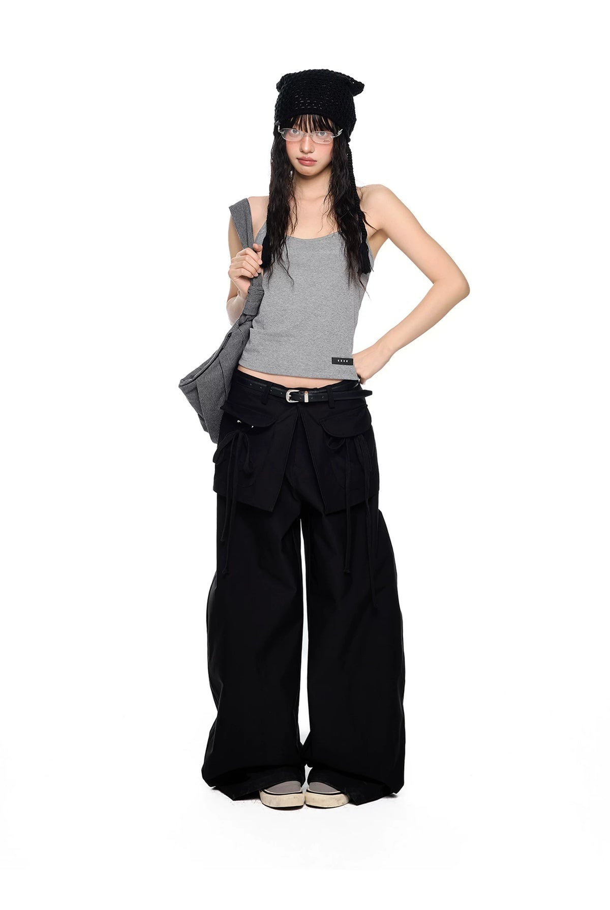 EZEK | Patchwork Drawstring Wide-Leg Lounge Pants (Black / Gray)