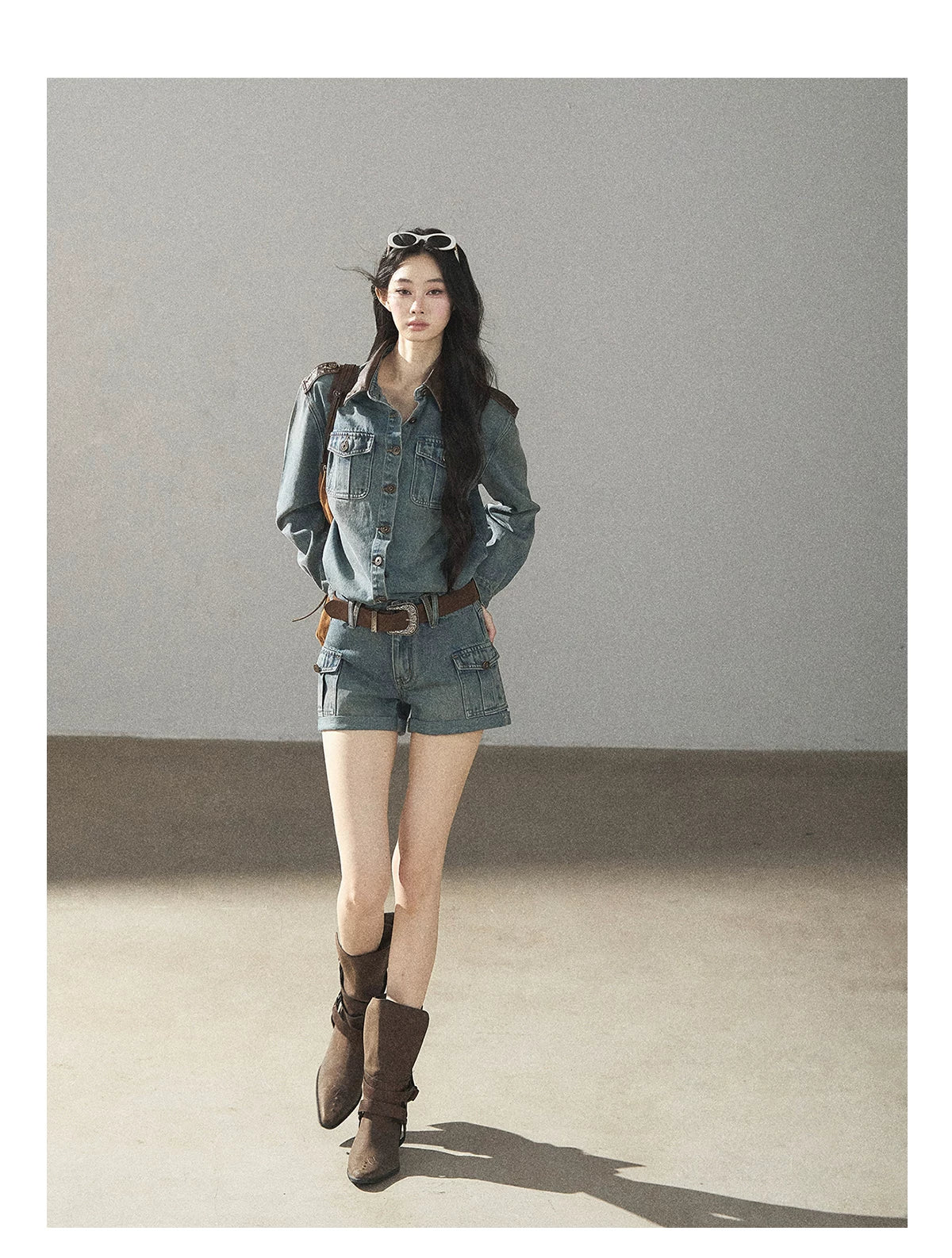 AOMALM - "Borrowed Sunshine" Vintage Blue Denim Commuter Set (Top + Shorts with Belt)