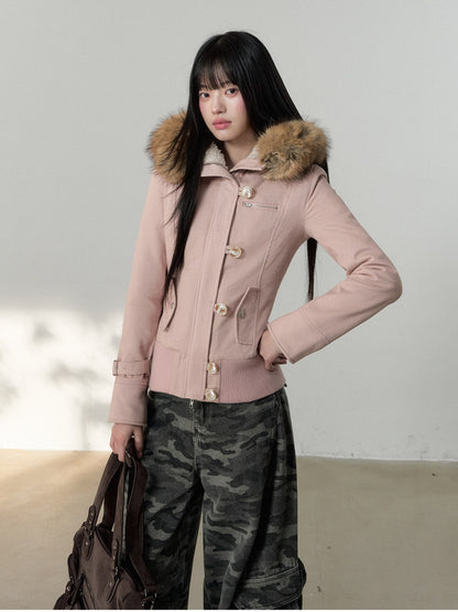 Soote Season - “Vintage Hourglass” Faux Fur–Lined Hooded Waist-Cinched Cotton Jacket - Cream Pink
