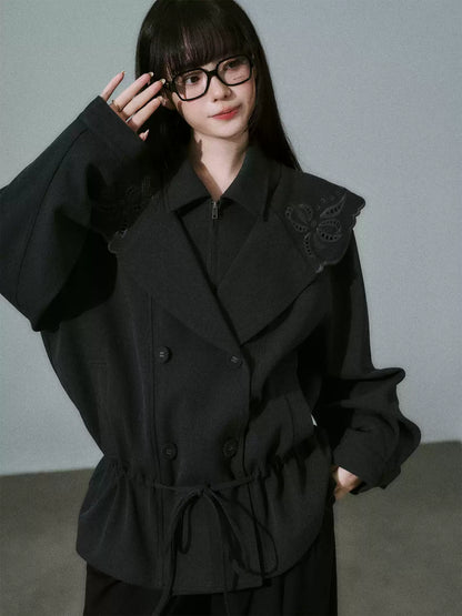 LOST FOREST - Deep Gray Embroidered Collar Lyocell-Wool Jacket