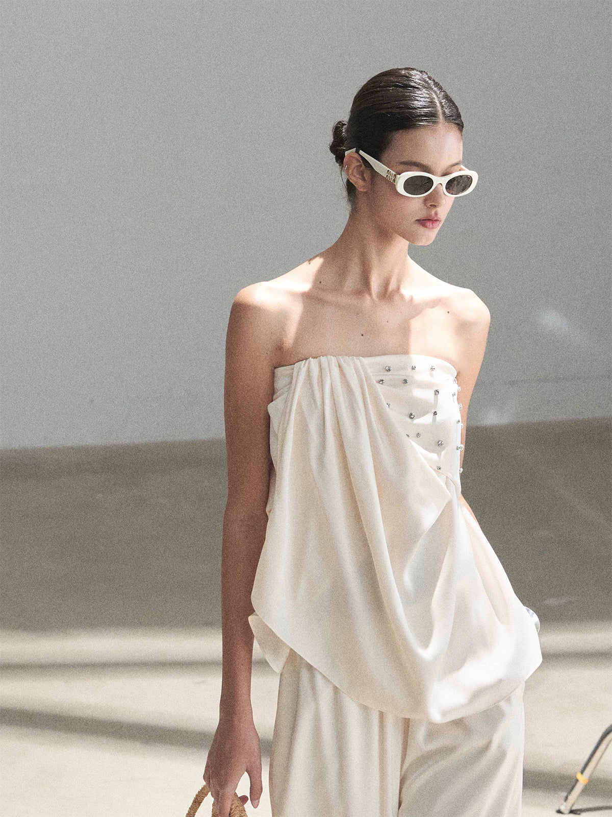 "Summer Rain at Dusk" Cream Beige Satin Two-Piece Set
