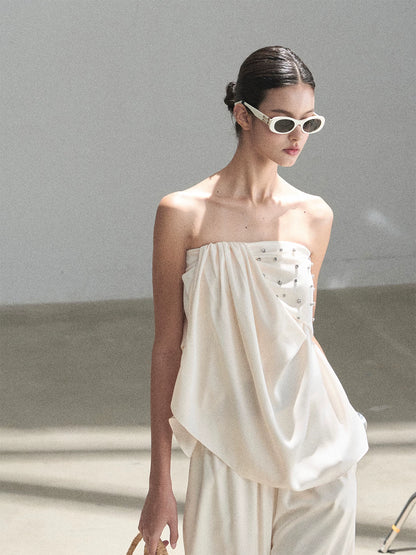 "Summer Rain at Dusk" Cream Beige Satin Two-Piece Set