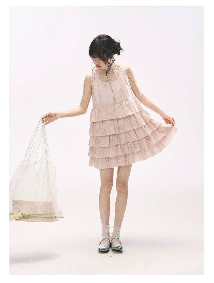 "Misty Pink Reverie" Petal Pink Lace Tie Tiered Sleeveless Dress