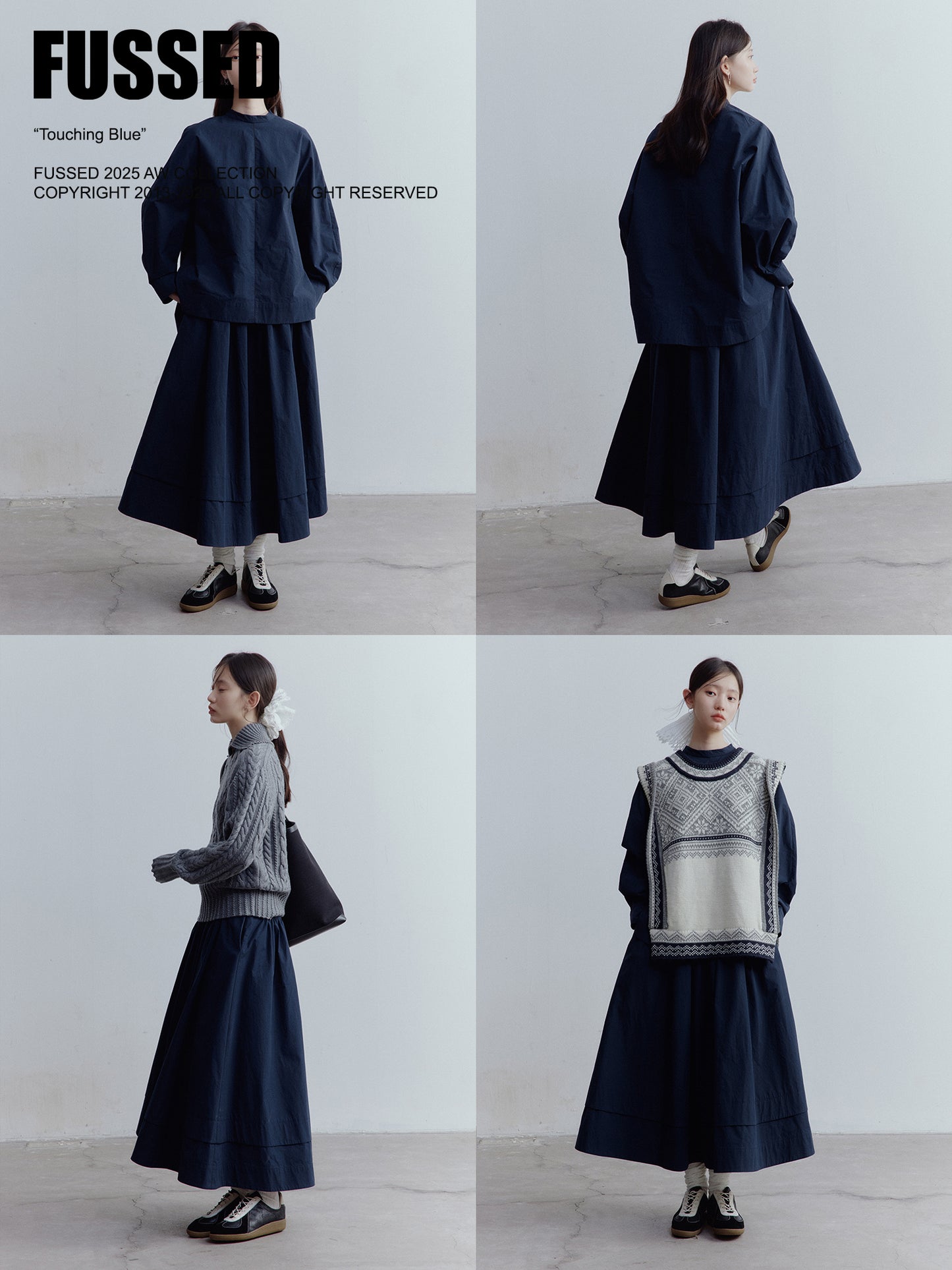 FUSSED Everyday Nerd A-Line Pleated Cotton Midi Skirt in Prussian Blue FOF-25SS172b
