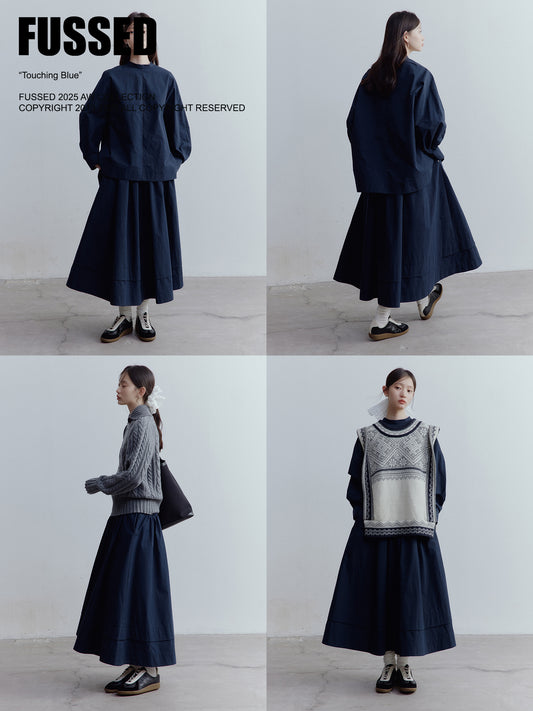 FUSSED Everyday Nerd A-Line Pleated Cotton Midi Skirt in Prussian Blue FOF-25SS172b