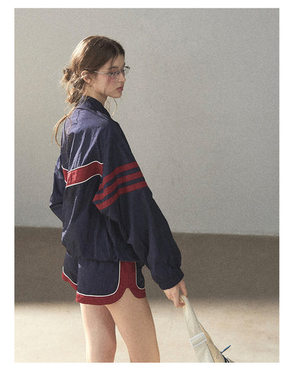 170726 "Keep Running" Navy Blue Retro Track Jacket & Shorts Set