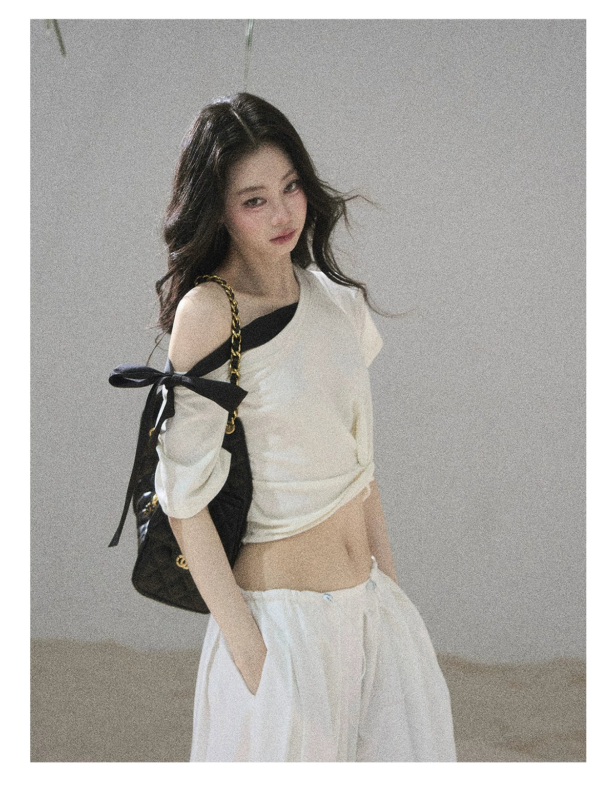 "Moonlight Upon Her" Creamy Apricot Off-Shoulder Twist Cropped T-Shirt