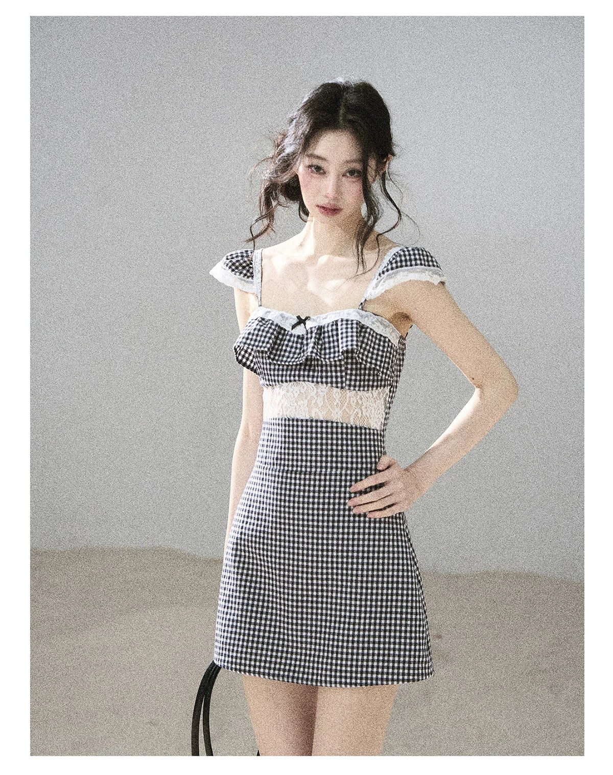 "Her in the Old Film" French Lace Plaid A-Line Mini Dress