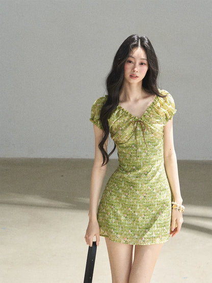 "Breath of the Forest" Misty Sage Embroidered Chiffon Mini Dress