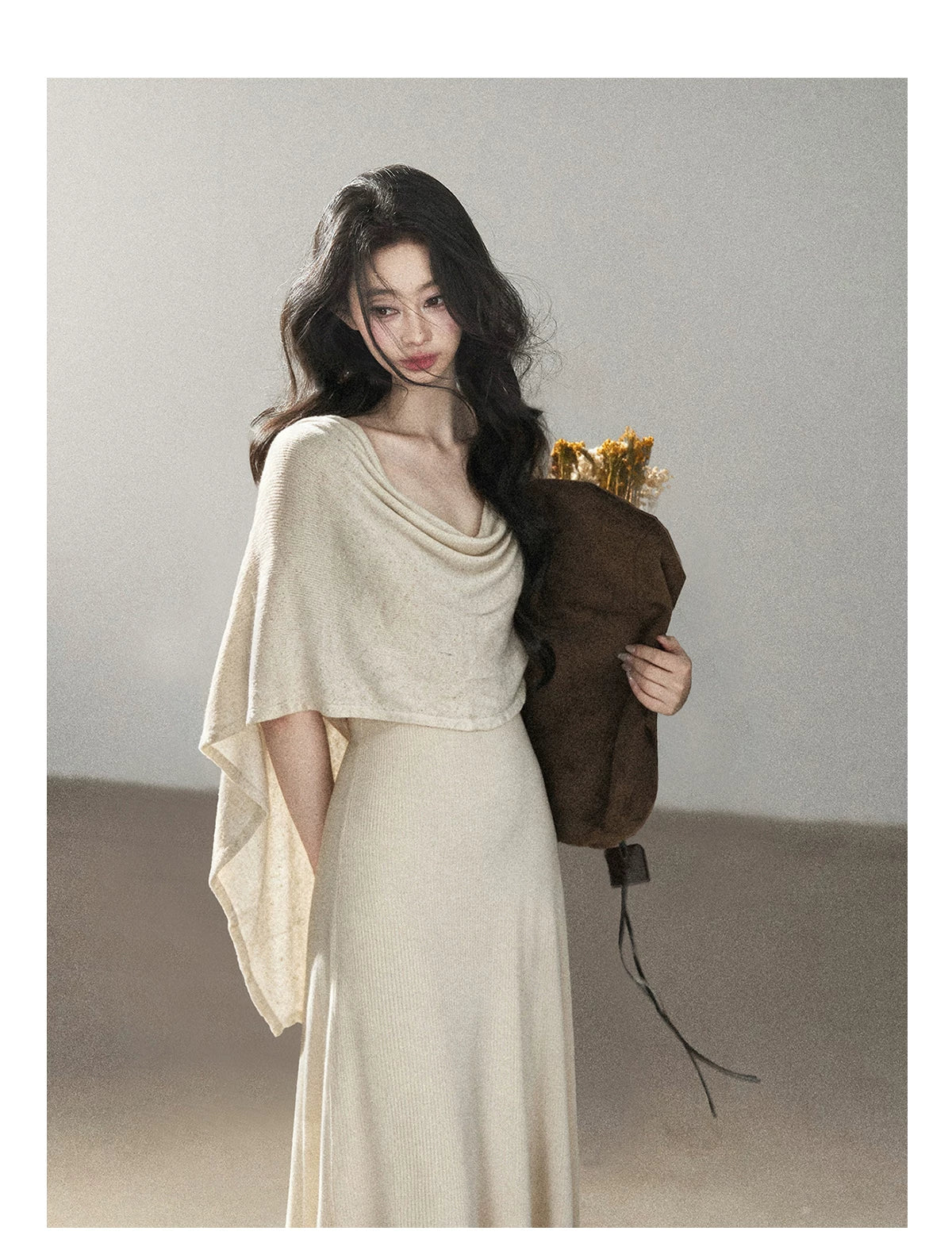 AOMALM - French-Inspired Two-Piece Maxi Dress Set with Layered Cape Overlay
