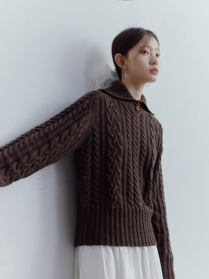 FUSSED Hazelnut Brown Vintage Cable Knit Wool Pullover Sweater FOF-25SS164b