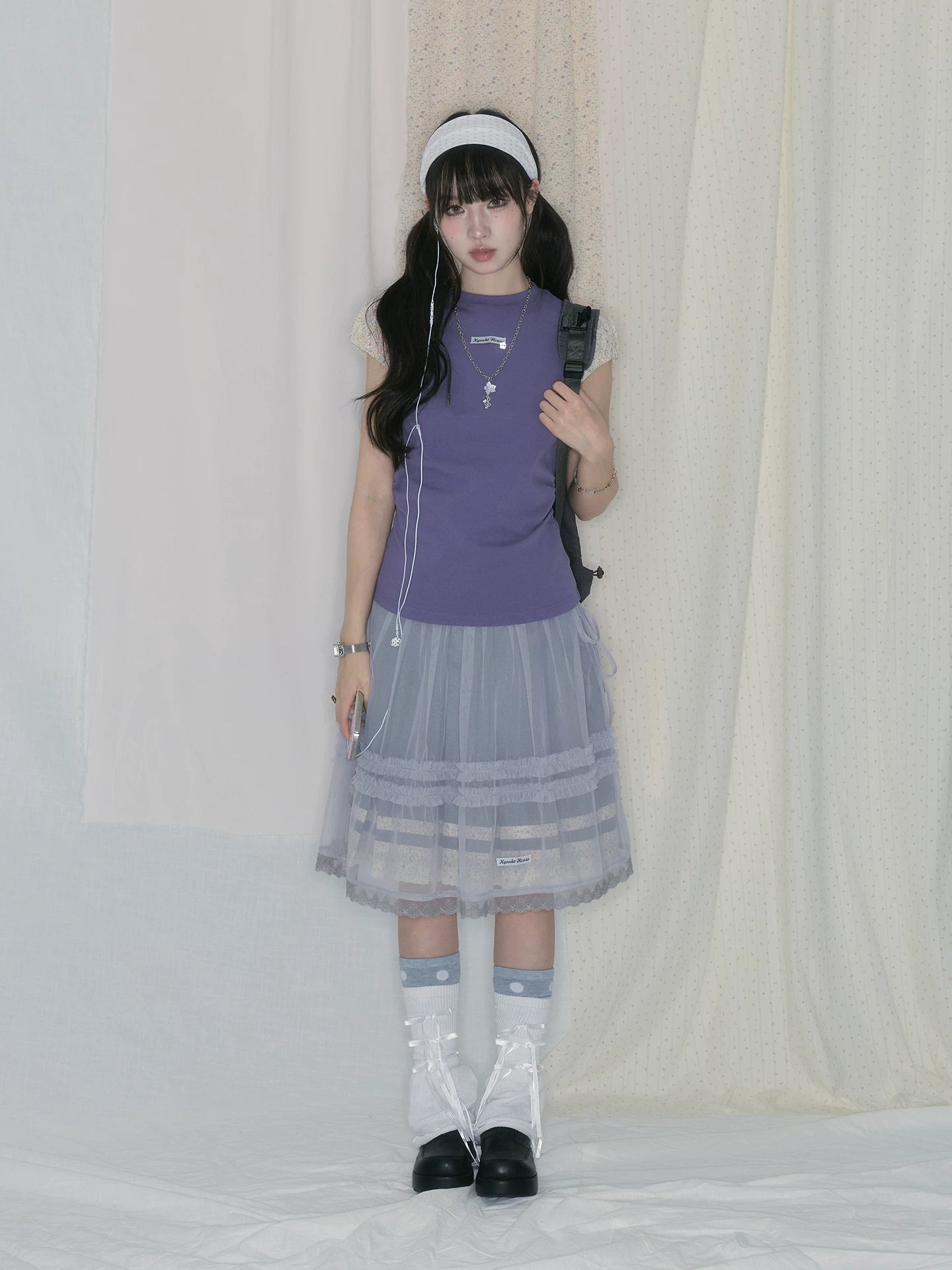 "Lavender Layers" Korean Layered Collection (Puff Sleeve Top / Pleated Midi Skirt / Mesh Overlay Skirt)