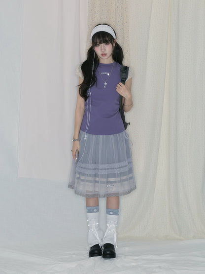 "Lavender Layers" Korean Layered Collection (Puff Sleeve Top / Pleated Midi Skirt / Mesh Overlay Skirt)