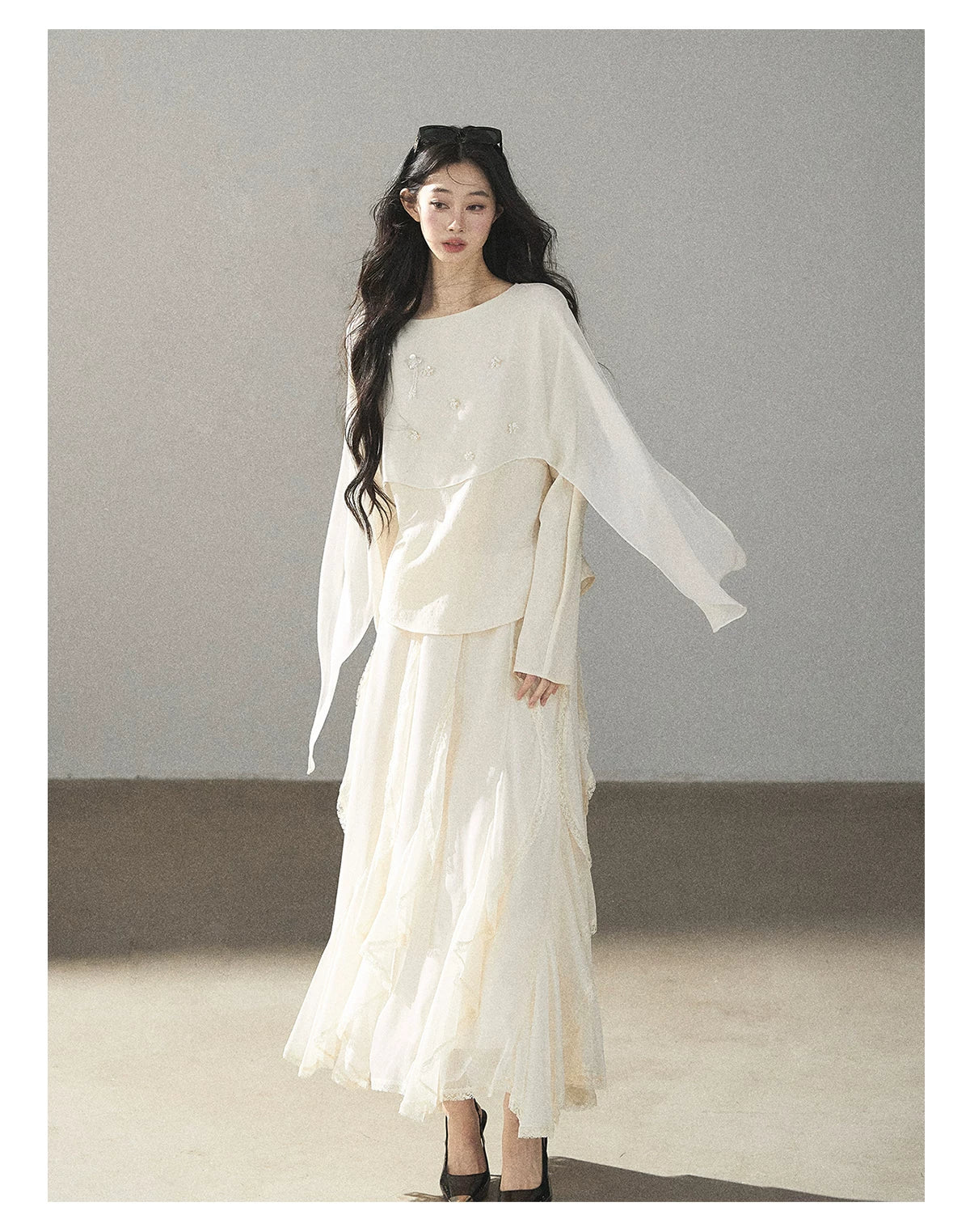 AOMALM - Layered Chiffon Shawl Top with Floral Detail