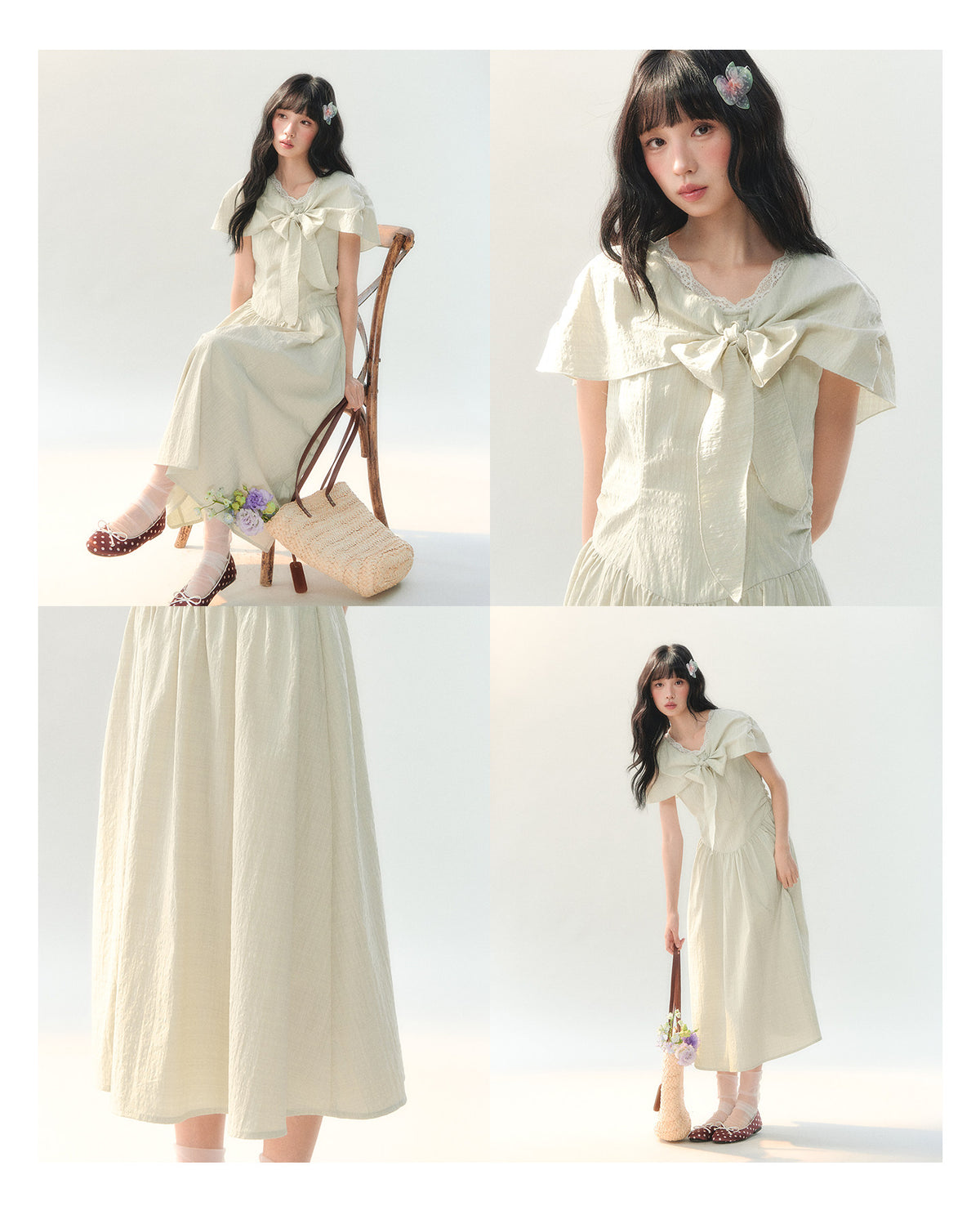 [CAN] "Willow Ribbon" Sage Green Cape Tie-Waist Midi Dress