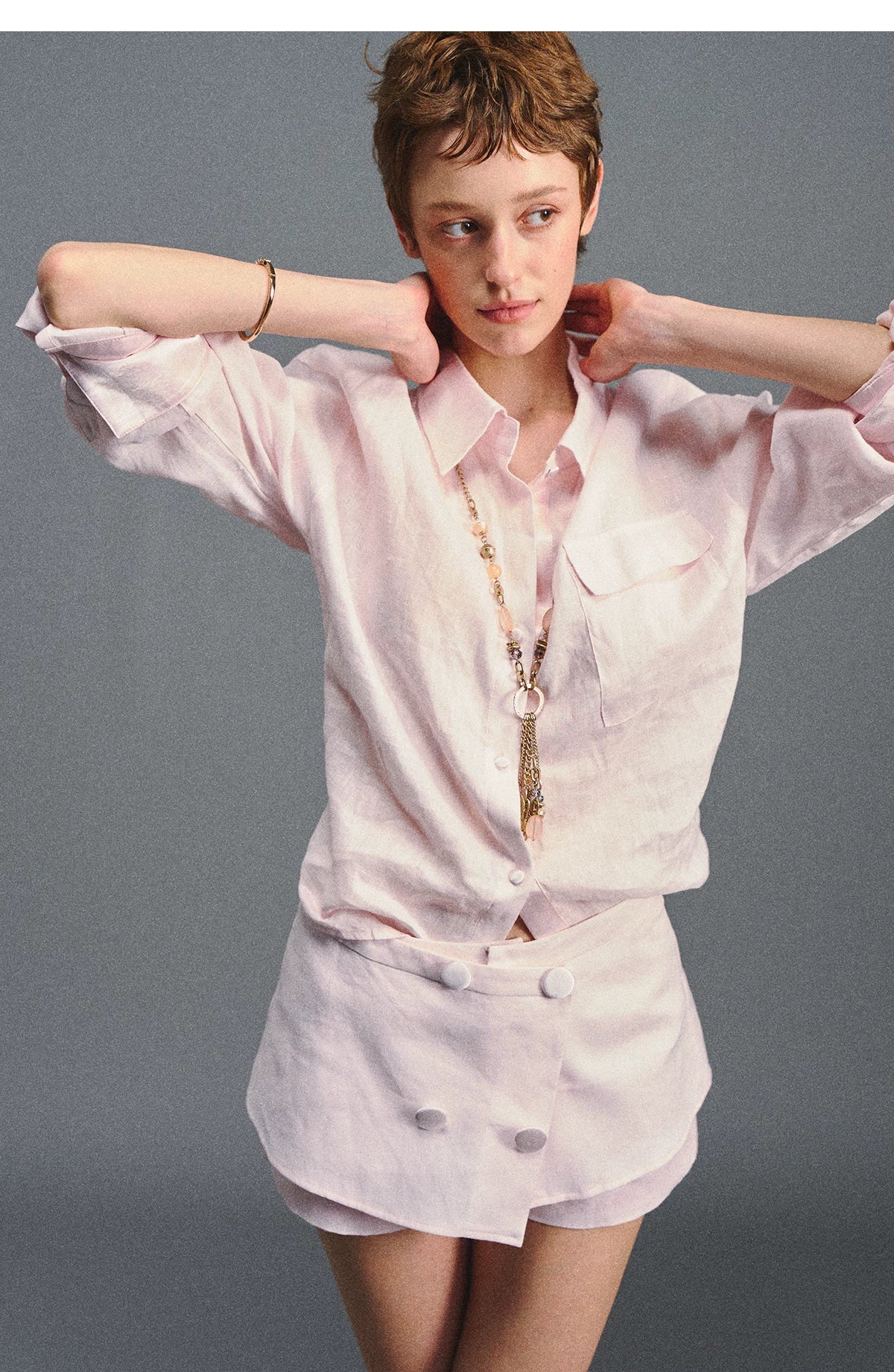 "Blush Breeze" Pink Linen Shirt & Layered A-Line Skort Set