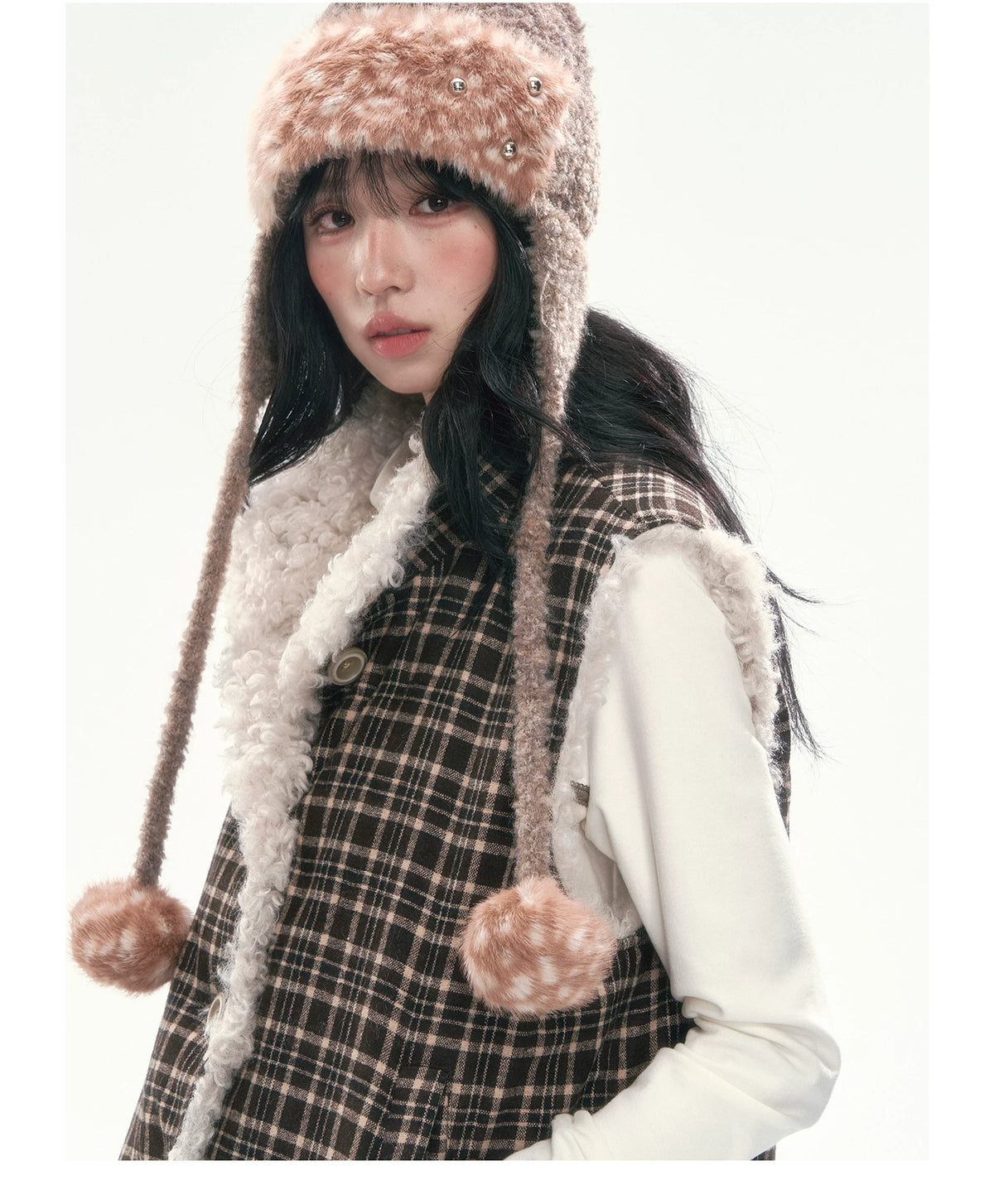 CAN - "The Velvet Alcove" Light Coffee Brown Reversible Plaid Shearling Vest