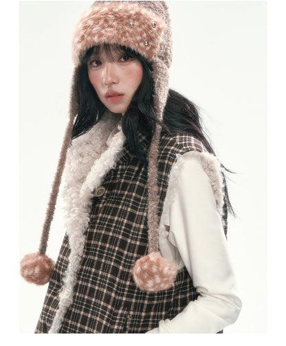 CAN - "The Velvet Alcove" Light Coffee Brown Reversible Plaid Shearling Vest