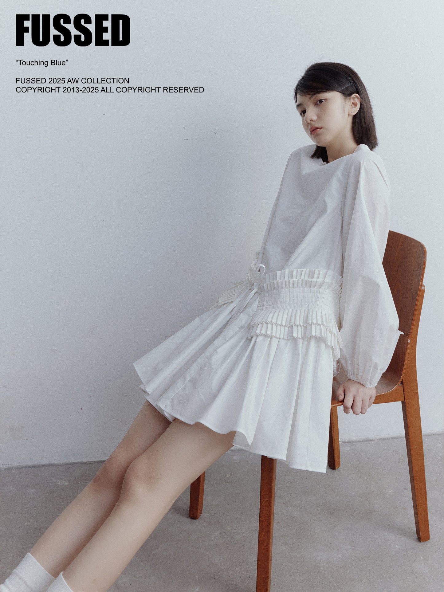 FUSSED Fragmented Dream Mist White Pleated Cotton Doll Dress FOF-25SS159a