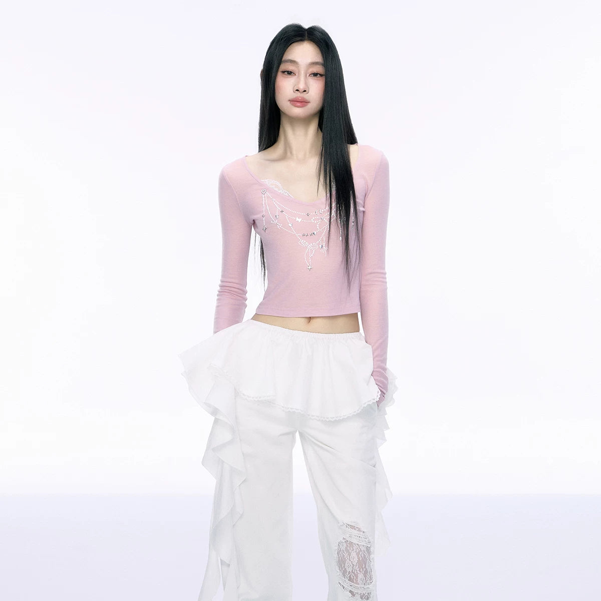 JN's DESIGN - Fitted Lace Long-Sleeve Top with Pearl Rhinestones